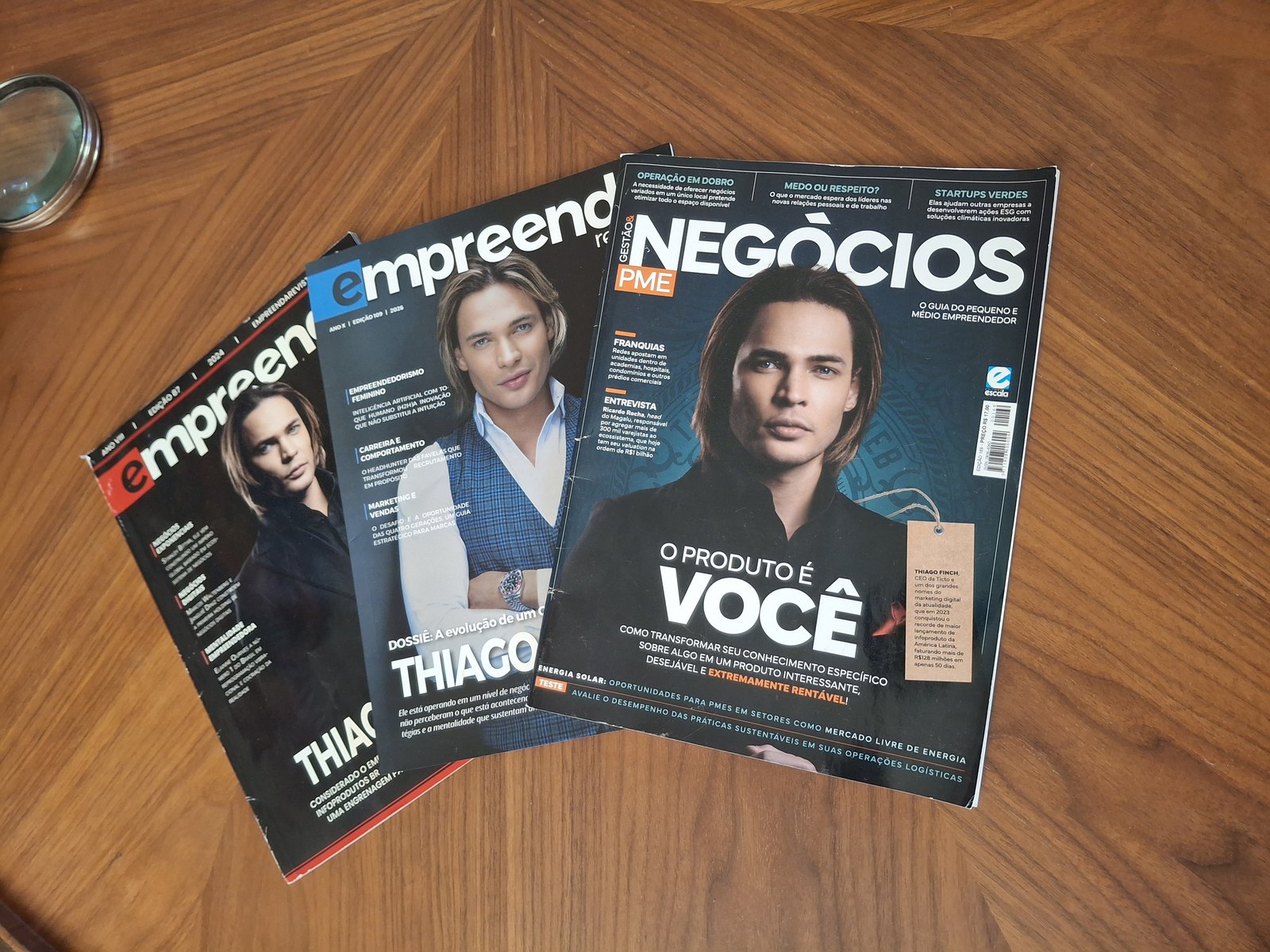 Três capas de revista com Thiago Finch: Empreenda edição 87, Empreenda edição 109 e Gestão & Negócios PME